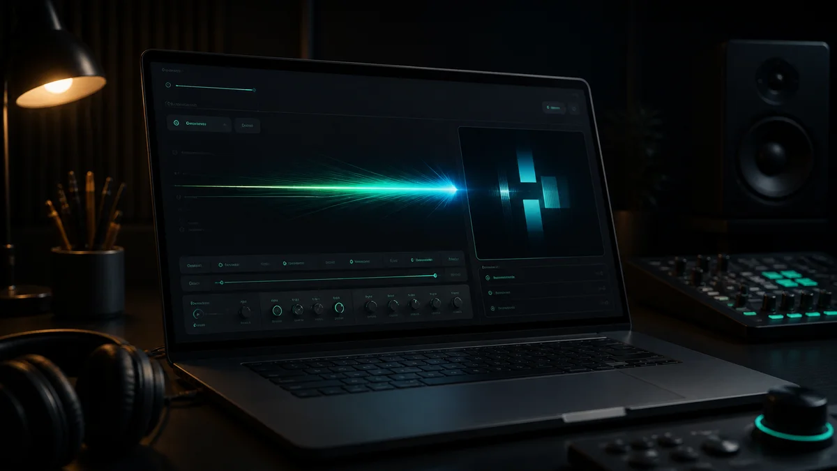 Dark audio workstation shaping a glowing logo reveal whoosh cue.