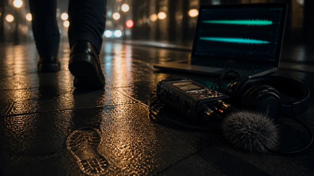 Wet night pavement with foley recording gear and an abstract waveform preview.