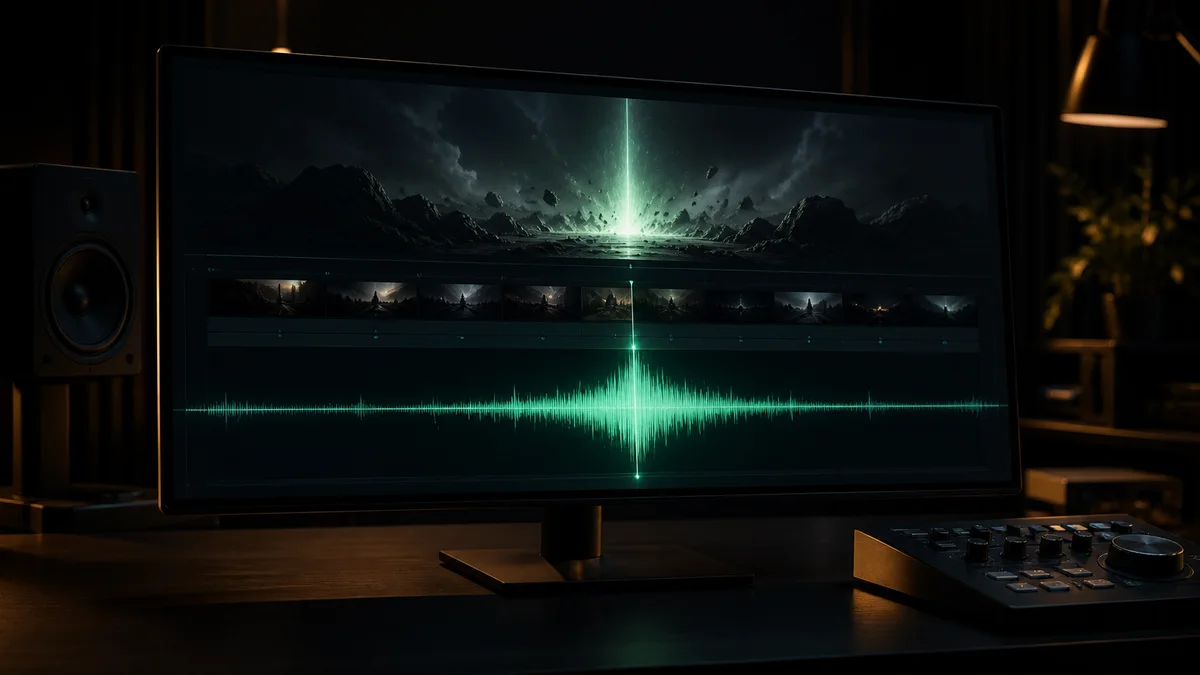 Trailer edit monitor showing a cinematic impact moment with a glowing bass waveform.