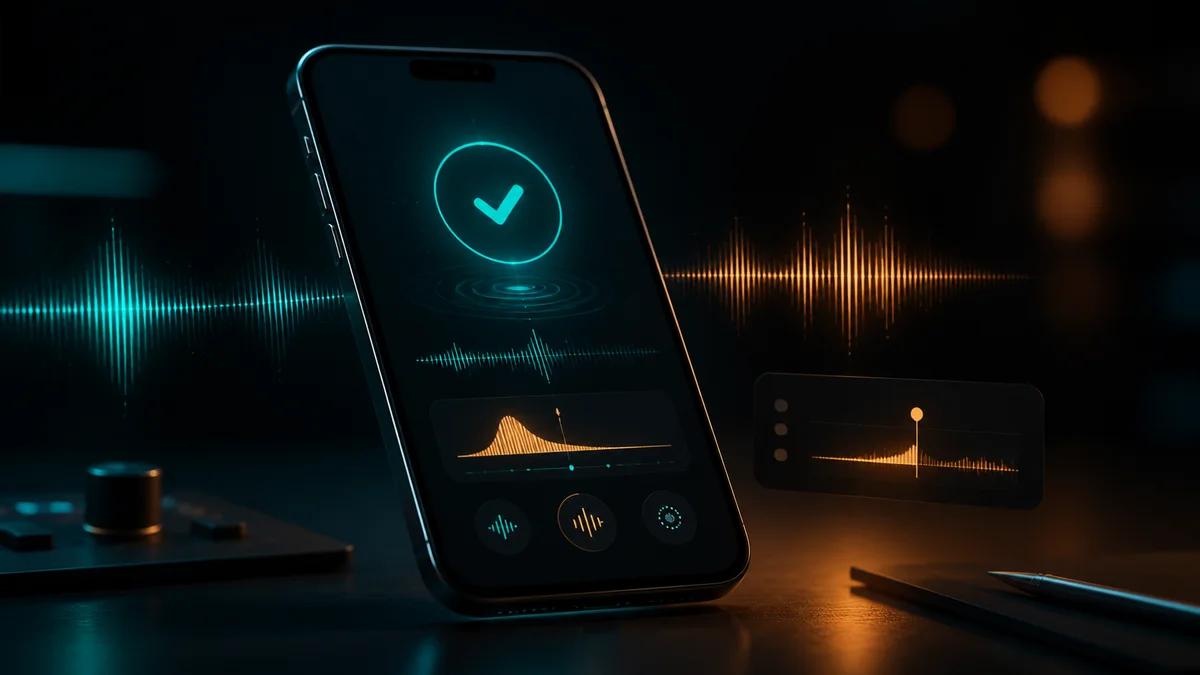Smartphone confirmation sound interface with glowing waveform pulses.