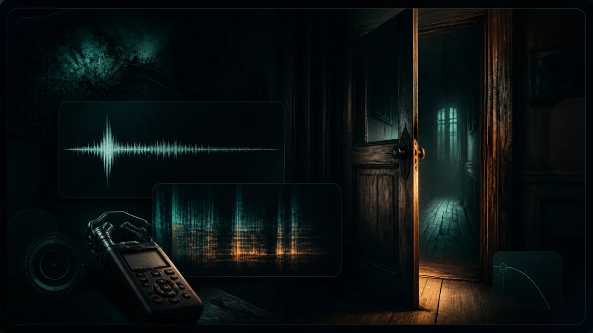 Dark hallway door creak scene with recorder and spectral waveform cards.