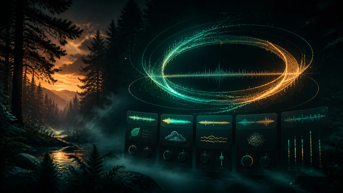 Dusk forest ambience scene with floating loop waveform and mixer cards.